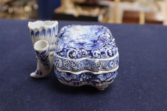 An 18th century Dutch Delft two-section blue and white ink pot and cover, H 8cm W 11cm